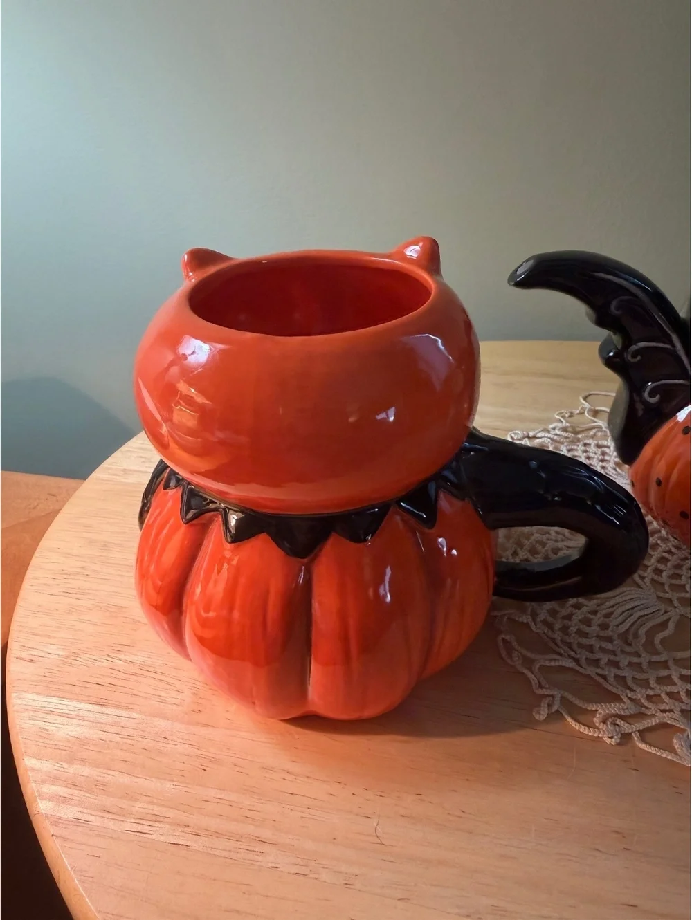 Johanna Parker Ceramic Owl and Bat Pumpkin Teapot and Mugs Set